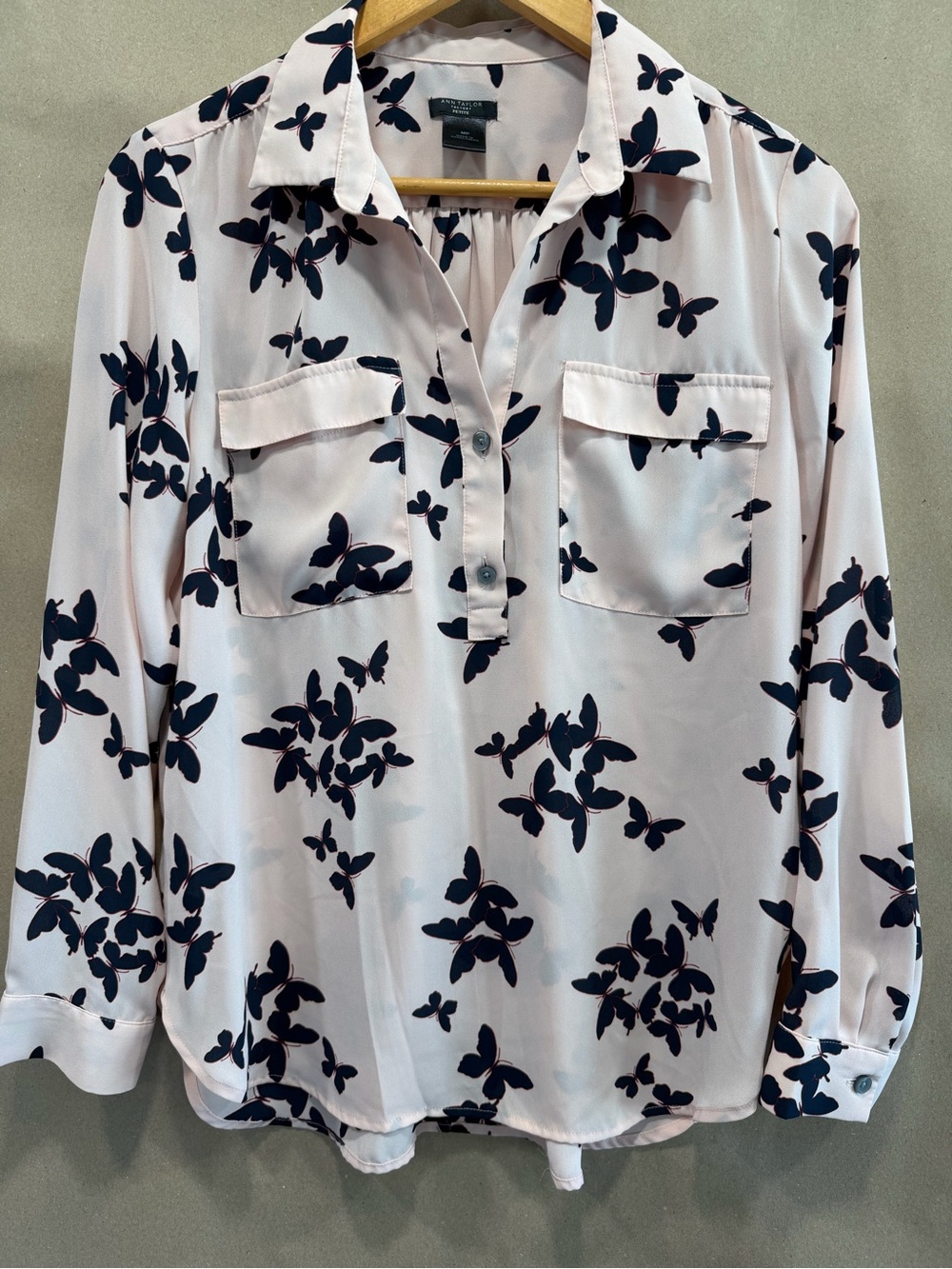 Ann Taylor Factory Pale Pink Blouse with Navy Butterfly Print